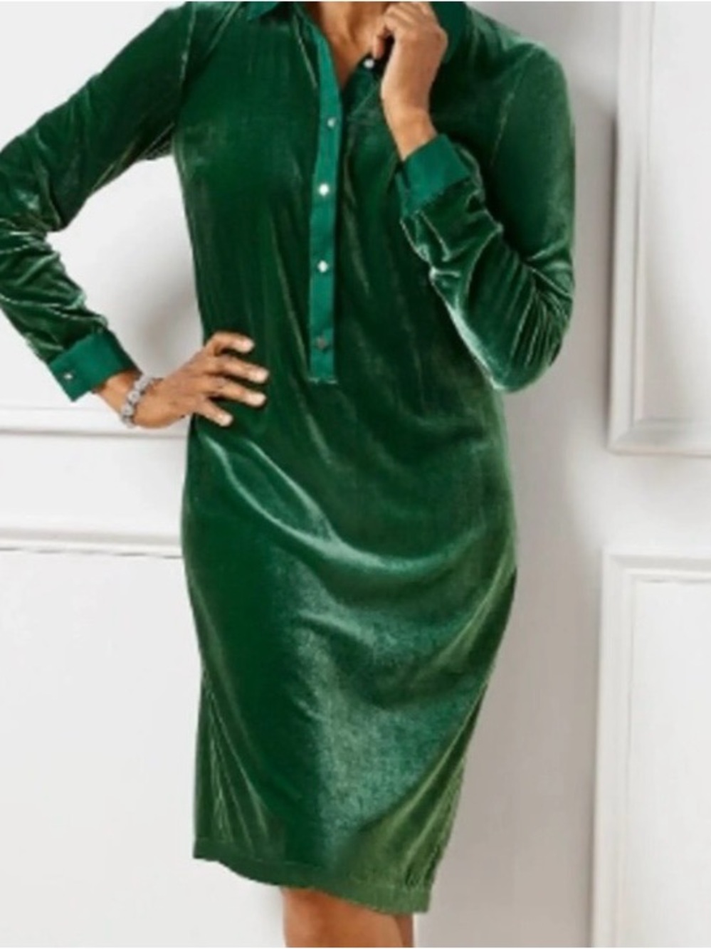 Talbots Green Velvet Popover Shirt Dress